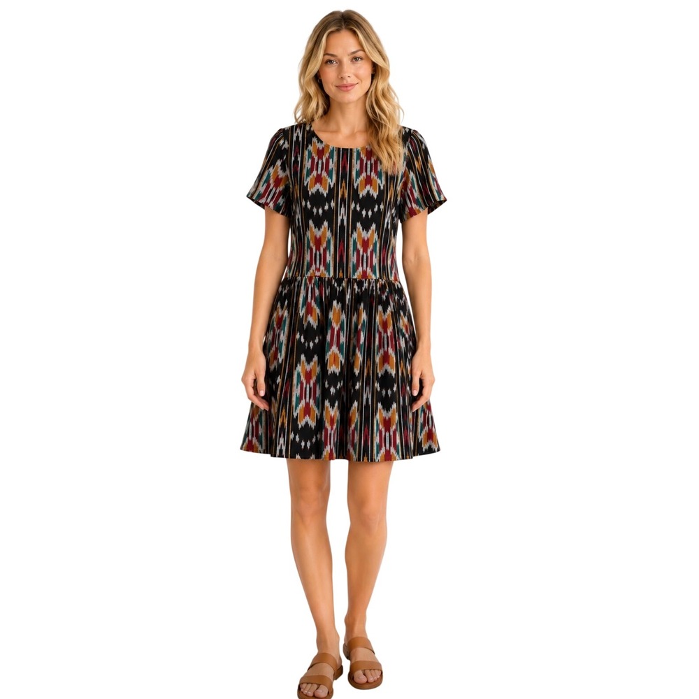 Mata Traders Ikat Fit & Flare Mini Dress Short Sleeve Cotton Multicolor Small